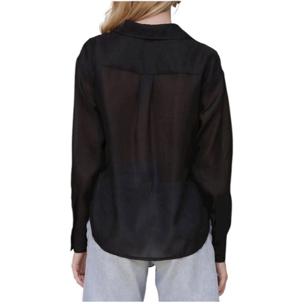 NWOT AVEC LES FILLES sheer pintuck black longsleeve button down top blouse shiny - Picture 2 of 6